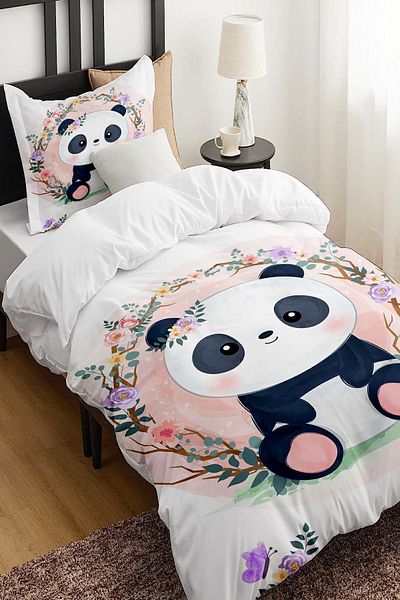 Else Dekor Cute Sitting Panda Patterned Single Children's Duvet Cover Set Without Sheets