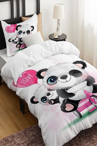 Else Dekor Love Written Bicycle Panda Patterned Single Children's Duvet Cover Set Without Sheets