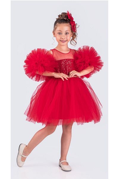 Little Pumpkin April 23 Tutu Pon Pon Sleeves Sequins Dress - Girl's Evening Dress