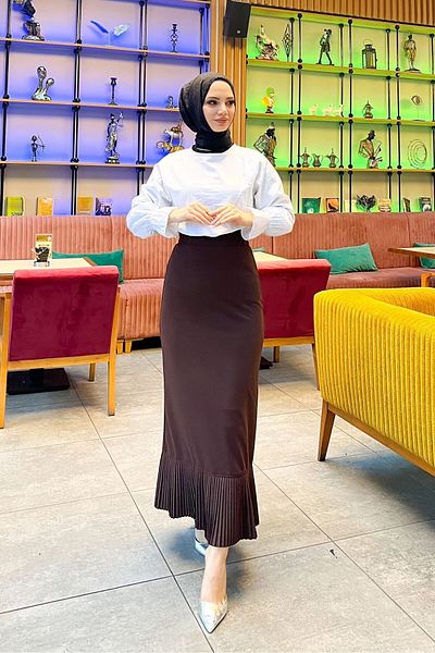 HMT ZEHRA GİYİM Μήκος Hijab (99 CM) Μολύβι βολάν πλισέ φούστα καφέ (38-48 ΜΕΓΕΘΗ) 8 διαφορετικά χρώματα
