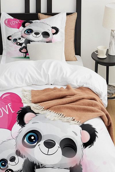 Else Dekor Love Written Bicycle Panda Patterned Single Children's Duvet Cover Set Without Sheets