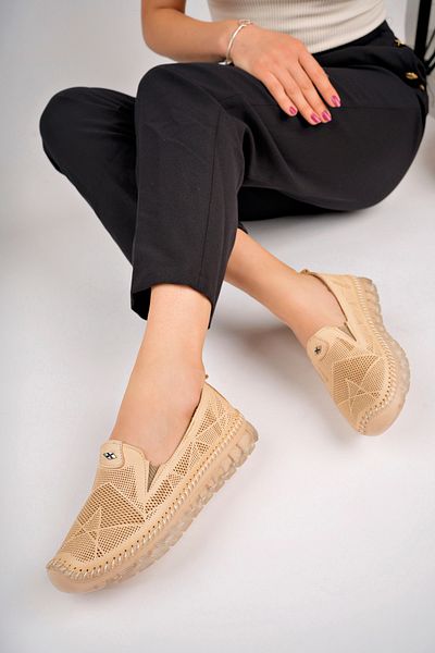 Deripabuc New Beige Women's Leather Ballerinas - Genuine Leather, Dp75-0701