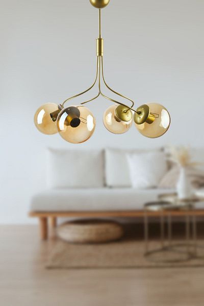 Fer Avize Napoli Modern Antique Color Closed Honey Glass Living Room - Kitchen - Bedroom 4-Piece Chandelier