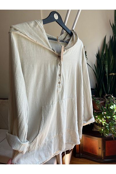 PureSunLady Summer Bohemian Style Linen Look Cotton Hooded Sweatshirt