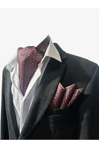TMFASHİON Men's Geometric Patterned Ascot - Neck Cover and Pocket Handkerchief Set