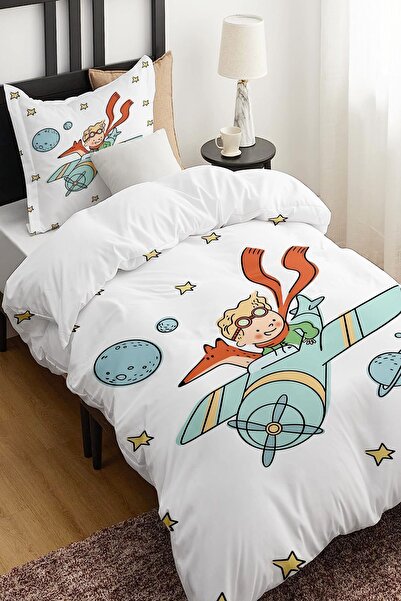 Else Halı Uçaklı Küçük Prens Desenli Çarşafsız Tek Kişilik Çocuk Nevresim Takımı