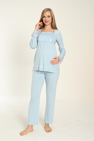 Miss Dünya Lissa Uzun Kol Mavi Hamile Ve Lohusa Pijama Takımı
