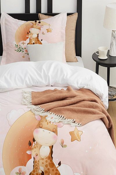 Else Dekor Giraffe Sitting on the Moon Patterned Single Children's Duvet Cover Set Without Sheets