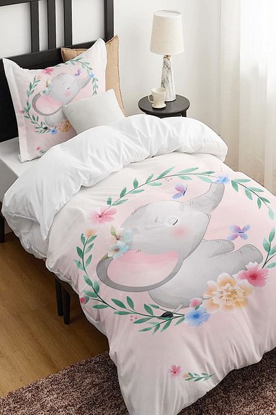 Else Dekor Floral Elephant Animal Patterned Single Children's Duvet Cover Set Without Sheets