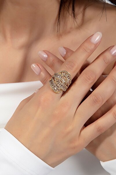 Ressia Baget Taşlı Beyaz Altın Kaplama Ayarlanabilir Çelik Yüzük