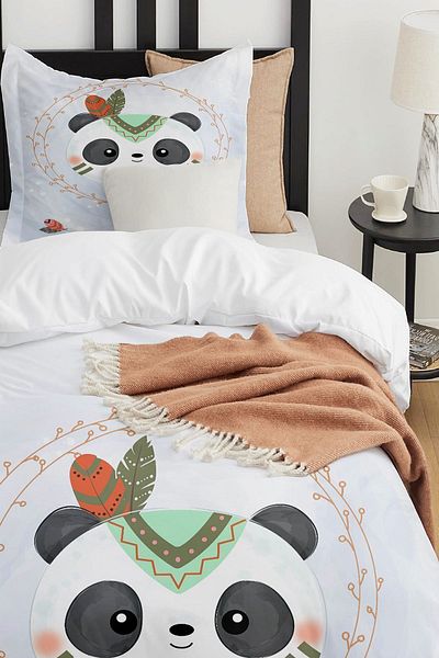 Else Dekor Native American Cute Panda Patterned Single Children's Duvet Cover Set Without Sheets