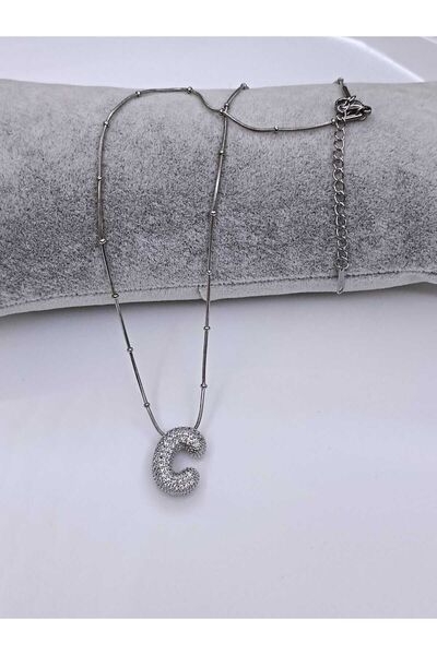 Çelik C HARFLİ ZİRKON TAŞLI BUBBLE KOLYE %100 KARARMAZ PASLANMAZ