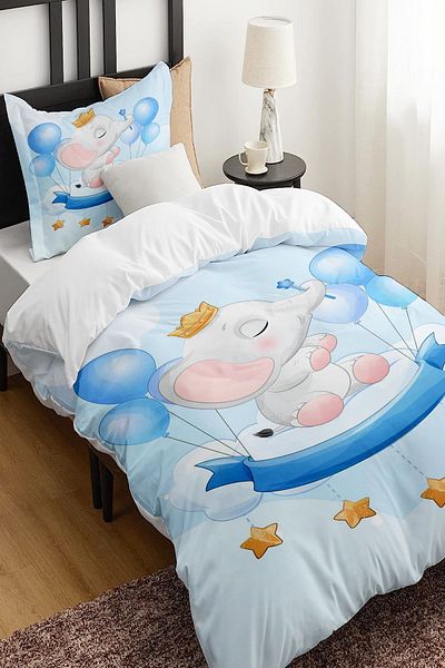 Else Dekor Blue Elephant Balloons Patterned Single Children's Duvet Cover Set Without Sheets