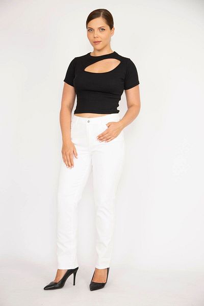 Şans Women's Large Size Bone High Waist Side Belt Elastic Lycra 5 Pocket Jeans 65N37894
