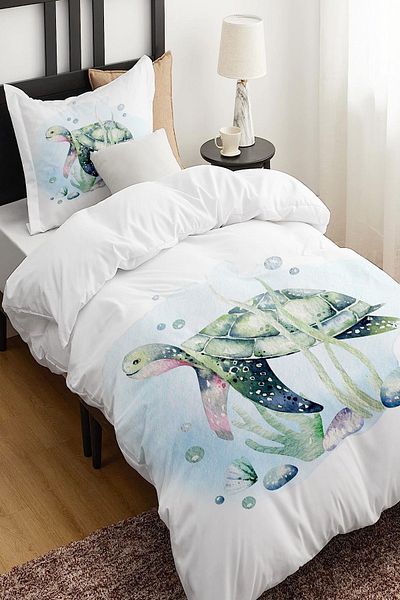 Else Dekor Blue Green Sea Turtle Patterned Single Children's Duvet Cover Set Without Sheets