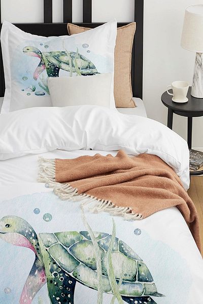 Else Dekor Blue Green Sea Turtle Patterned Single Children's Duvet Cover Set Without Sheets