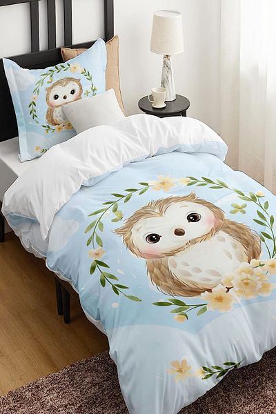 Else Dekor Blue Floral Owl Patterned Single Children's Duvet Cover Set Without Sheets