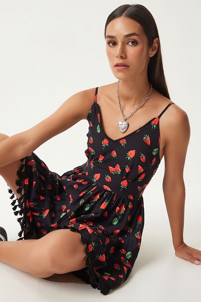 Happiness İstanbul Red Black Patterned Viscose Summer Dress - Strappy FN03203