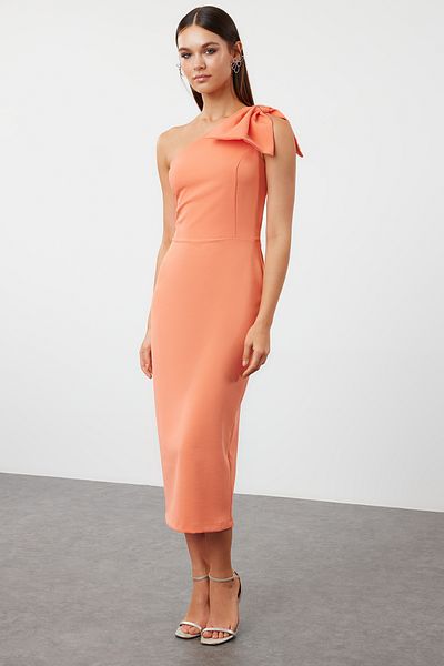 Trendyol Collection One Shoulder Orange Woven Evening Dress - TPRSS24EL00258 with Bow Detail