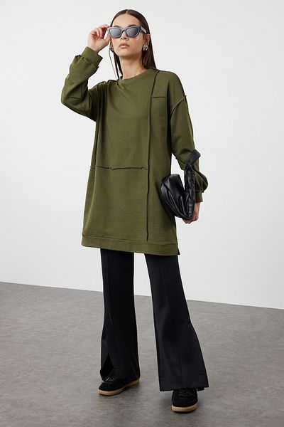 Trendyol Modest Gestricktes Oversize-Sweatshirt - Khaki, gerippte Details TCTSS22TW0002