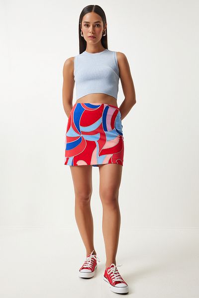 Happiness İstanbul Red Blue Patterned Women's Mini Knitted Skirt - FN03199
