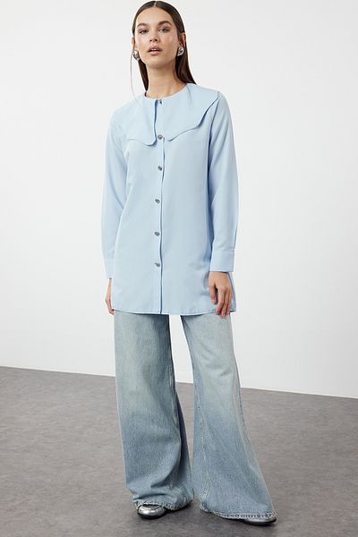 Trendyol Modest Baba gallér világoskék pamut ing - ezüst gombos részlet TCTAW24TG00009