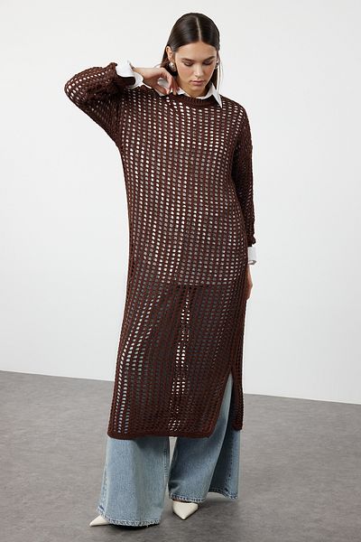 Trendyol Modest Πλεκτό φόρεμα ανοιχτόχρωμο καφέ - TCTAW25EB00027