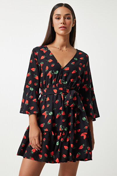 Happiness İstanbul Κόκκινο μαύρο μοτίβο από βισκόζη καλοκαιρινό φόρεμα - FN03202