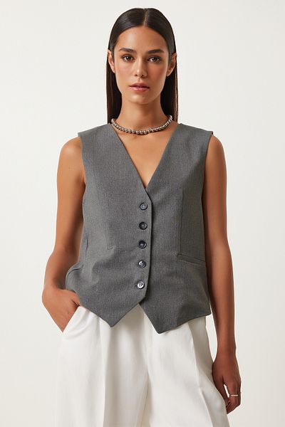 Happiness İstanbul Anthracite Viscose V-Neck Women's Vest - TO00145