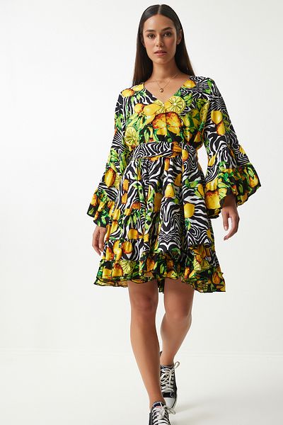 Happiness İstanbul Rochie de vara din vascoza cu model galben negru - FN03200