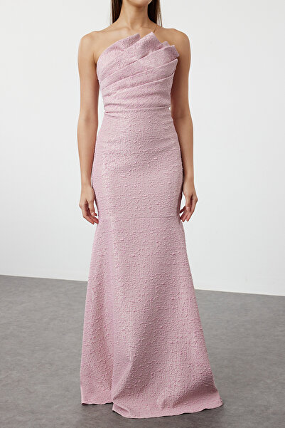 Trendyol Collection Ροζ ψαροκόψιμο στράπλες μακρύ κομψό βραδινό φόρεμα TPRSS24AE00170