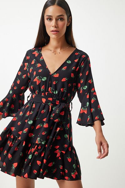 Happiness İstanbul Rot-schwarz gemustertes ausgestelltes Sommerkleid aus Viskose - FN03202