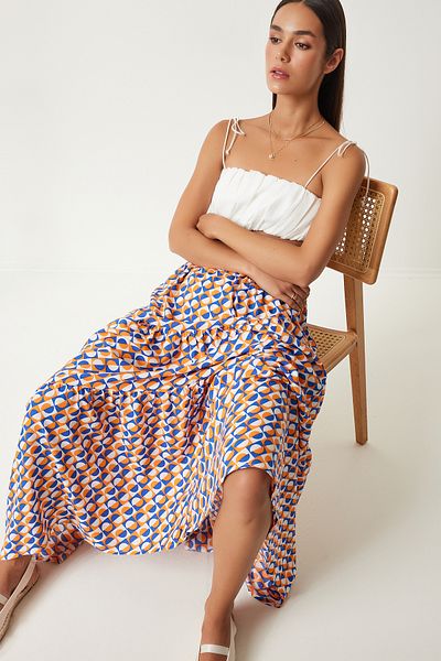 Happiness İstanbul Pomarańczowo-niebieska wzorzysta spódnica maxi z wiskozy - falbanka na lato, model FN03197