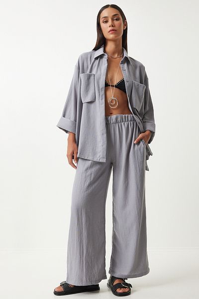 Happiness İstanbul Graues Damen-Set aus Hemd und Hose aus Leinenmischung mit weiten Taschen - FN03205