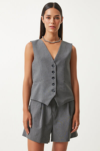 Happiness İstanbul Antracit viszkóz hajtogatott női rövidnadrág - TO00146