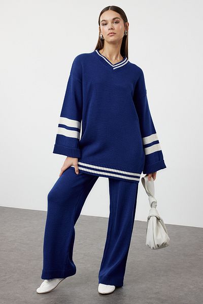 Trendyol Modest Indigó színes blokk csíkos kötöttáru alsó szoknya pulóver szett TCTAW25US00011