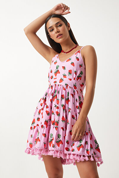 Happiness İstanbul Piros rózsaszín mintás viszkóz nyári ruha - pántos FN03203