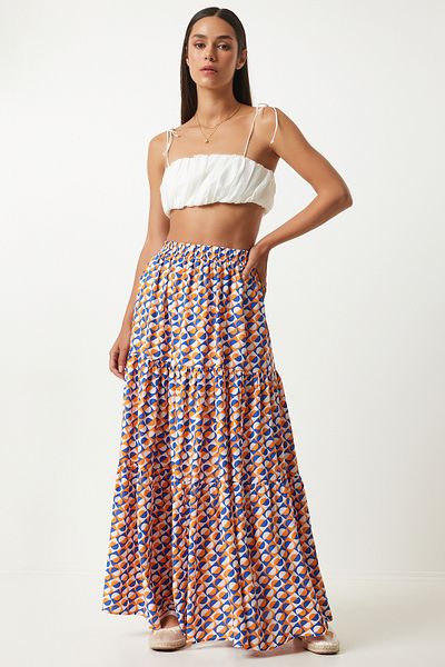 Happiness İstanbul Pomarańczowo-niebieska wzorzysta spódnica maxi z wiskozy - falbanka na lato, model FN03197