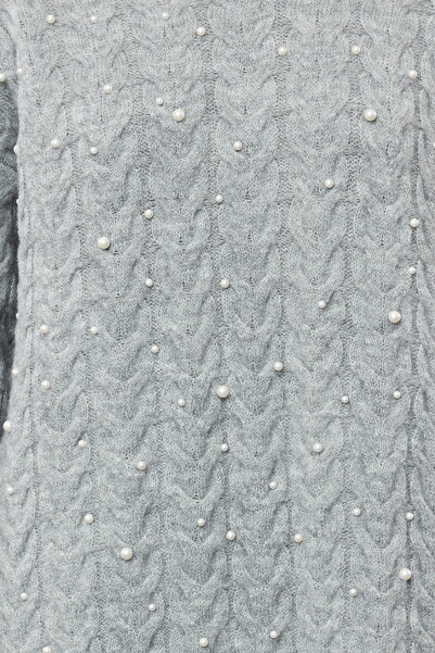 Trendyol Modest Pulover din tricotaje gri împletit cu păr - cu detalii perle TCTAW25AK00017