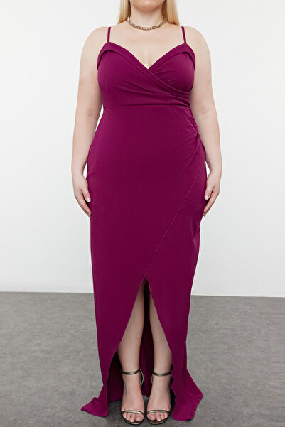 Trendyol Curve Plum Double-Breasted Slit Long Lined Evening/Night/Graduation/Engagement Dress TBBSS24AD00002