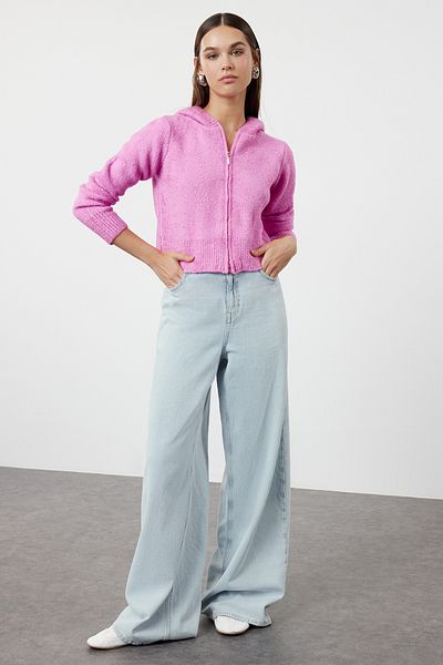 Trendyol Collection Pink Hooded Crop Knitwear Cardigan - Twoaw24Hi00370