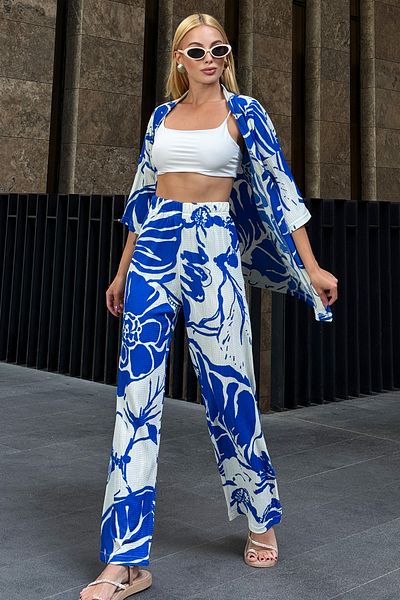 Trend Alaçatı Stili Saks mintás női kimonó készlet - ALC-X12460
