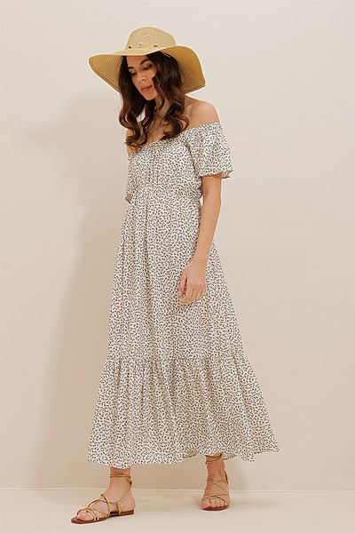 Trend Alaçatı Stili Μπεζ φόρεμα από βισκόζη γιακά Madonna - Φούστα Flounce, Floral Pattern ALC-D230019