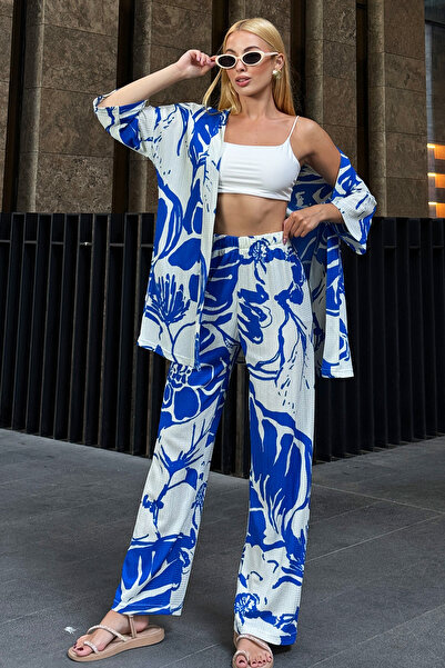 Trend Alaçatı Stili Saks mintás női kimonó készlet - ALC-X12460