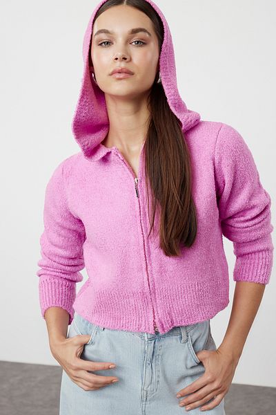 Trendyol Collection Pink Hooded Crop Knitwear Cardigan - Twoaw24Hi00370