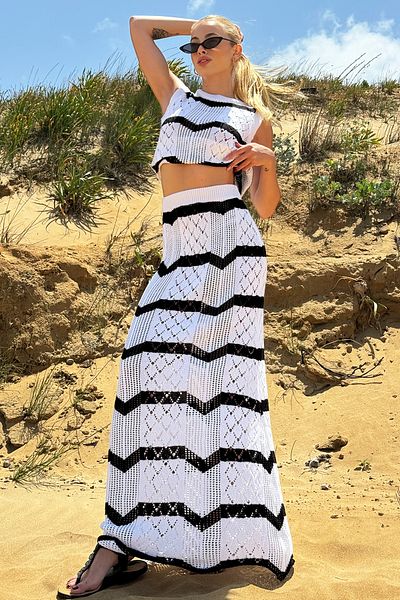 Trend Alaçatı Stili White Block Openwork Knitwear Skirt and Blouse Set - ALC-X12457