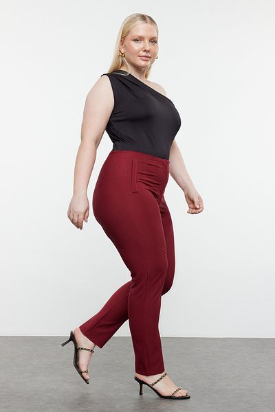 Trendyol Curve Plus Size Burgundy Cigarette Pants - Fleto Pocket, Woven Fabric TBBAW23AR00015