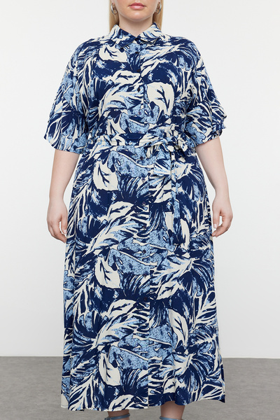 Trendyol Curve Τροπικό μπλε υφασμένο φόρεμα με σχέδιο - σκίσιμο