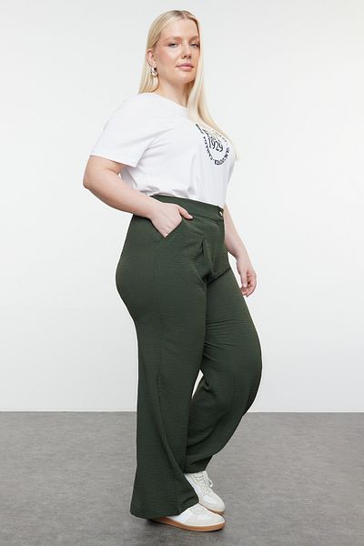 Trendyol Curve Green Elastic High Waist Pleated Wide Leg Woven Pants Tbbss22Pl0448