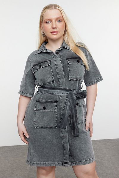 Trendyol Curve Sötétkék öv részletes mini farmer ing ruha TBBSS24AH00124